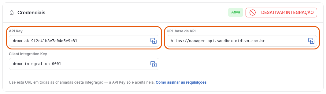 Credentials block of the integration screen in the portal, with the API Key and the API base URL highlighted